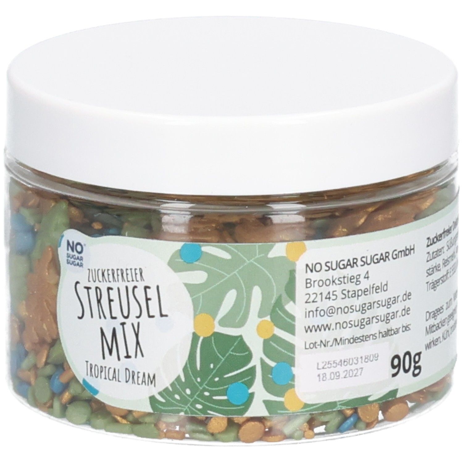 Klare Dose mit Streuseln. Aufkleber mit "NO SUGAR SUGAR", "Zuckerfreier Streusel Mix Tropical Dream", 90g.