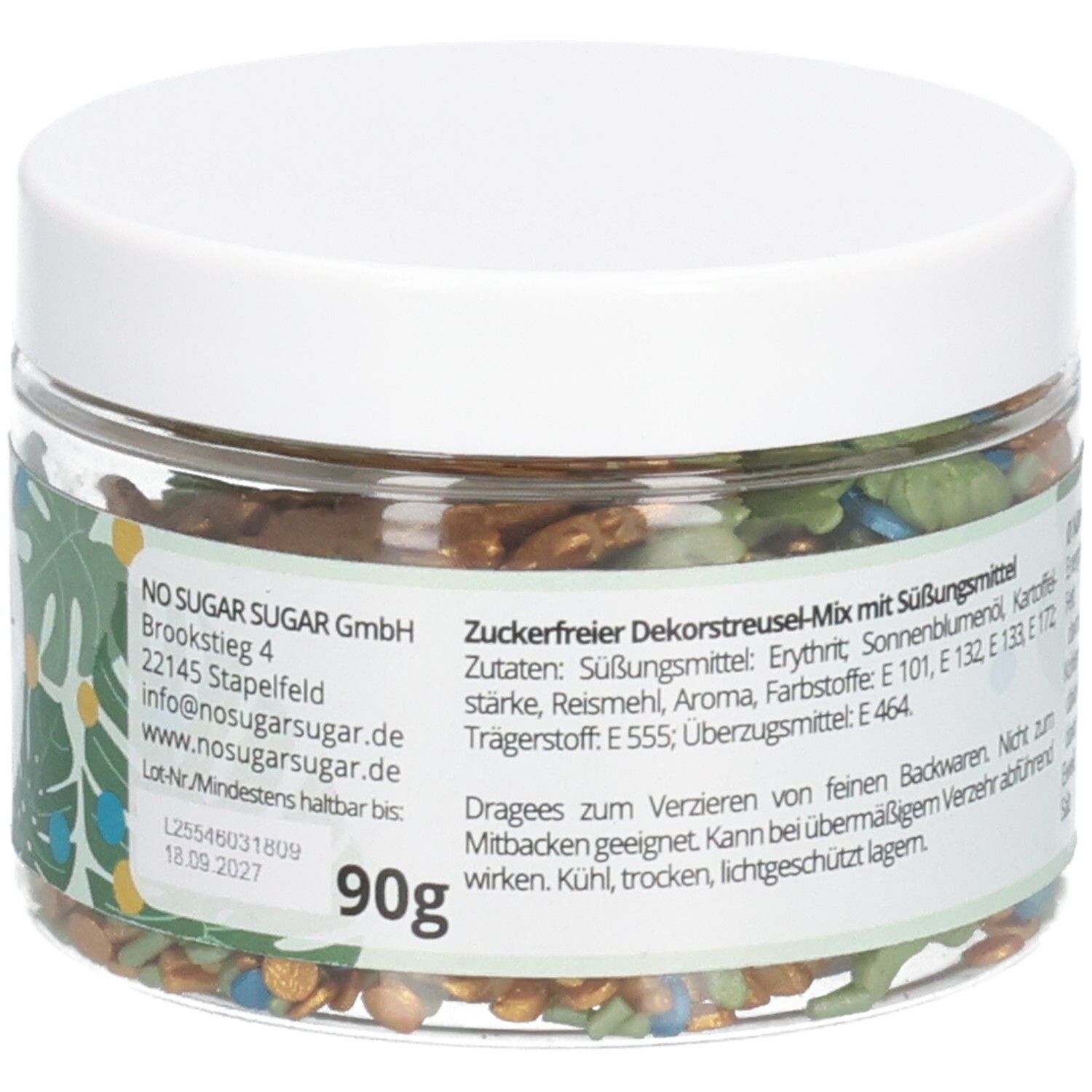 Rückseite der Dose mit Zutatenliste, Nährwertangaben und 90g. Streusel in Grün, Blau und Gold.