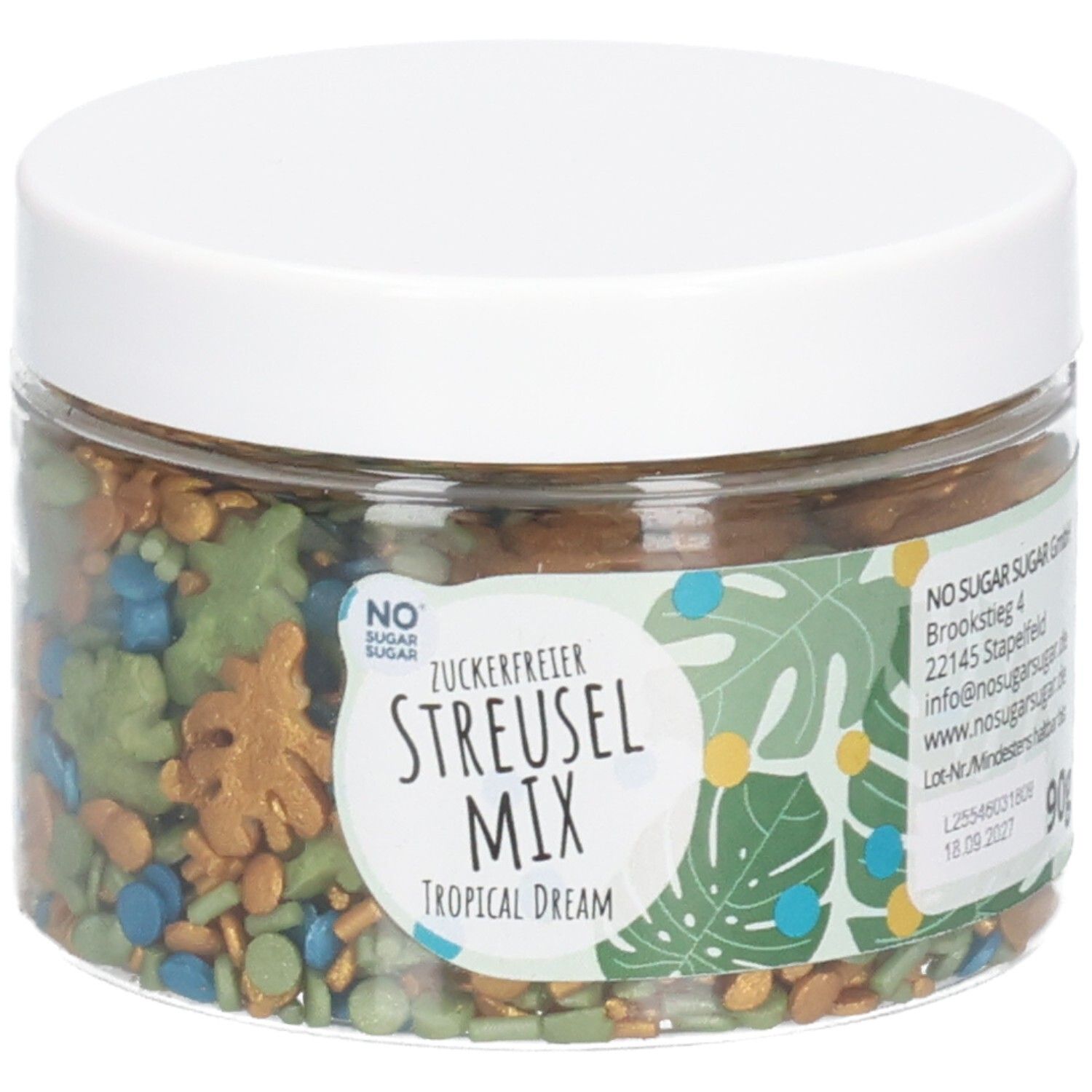 Klare Dose mit Streuseln. Aufkleber mit "NO SUGAR SUGAR", "Zuckerfreier Streusel Mix Tropical Dream".