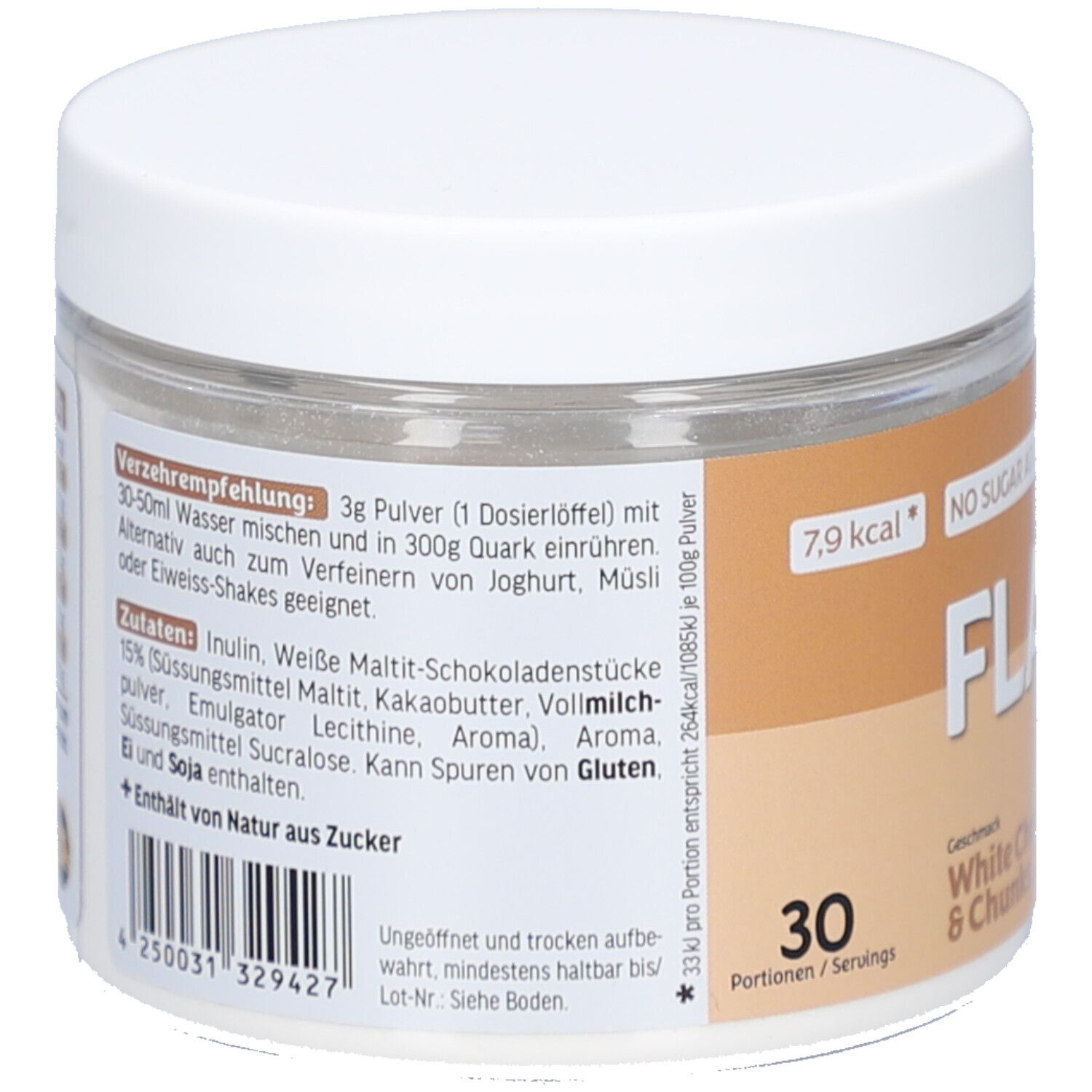 Rückseite der Dose. Zutatenliste, Nährwertangaben und Barcode. Text: 30 Portionen. Marke: All Stars. 90g Inhalt.