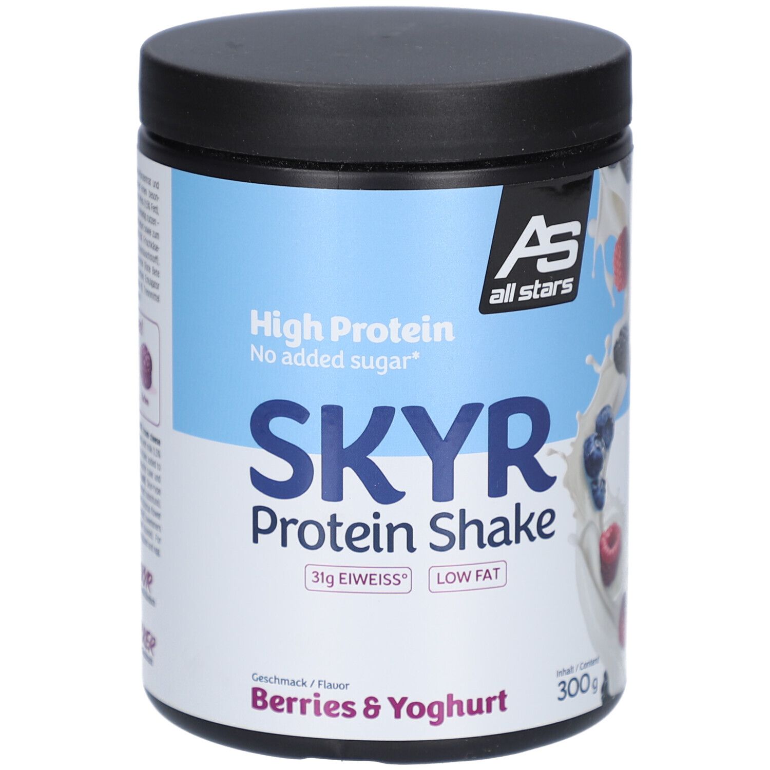 Dose SKYR Protein Shake, Beeren & Joghurt. Blaue und weiße Verpackung mit Produktnamen und Logo. Enthält 300g.