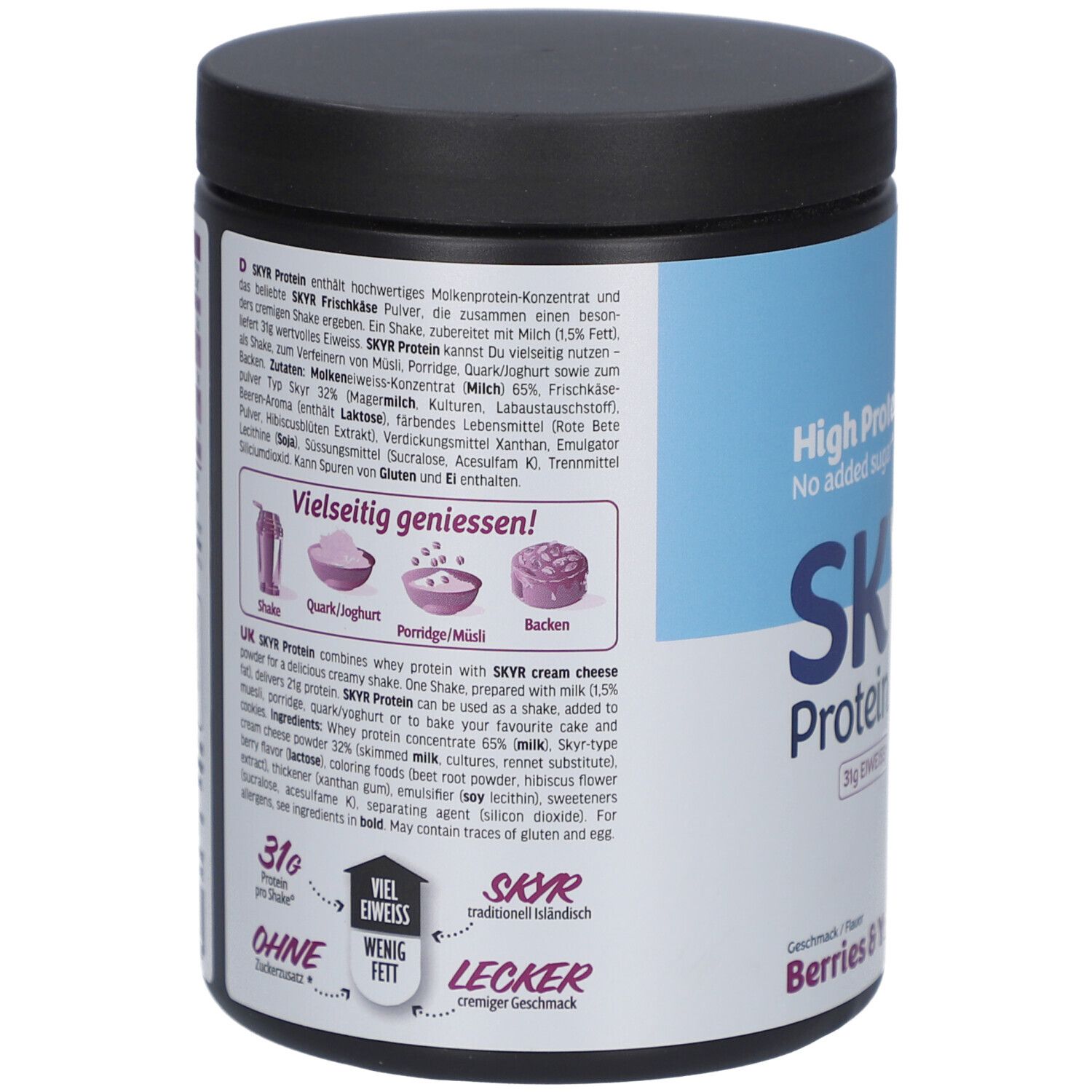 Rückseite der Dose SKYR Protein Shake. Text in Deutsch und Englisch. Enthält Informationen zu Inhaltsstoffen und Zubereitung.