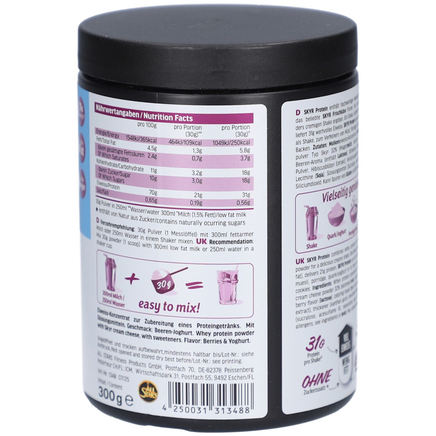 Rückseite der Dose SKYR Protein Shake. Nährwertangaben und Zubereitungshinweise. Enthält 300g.