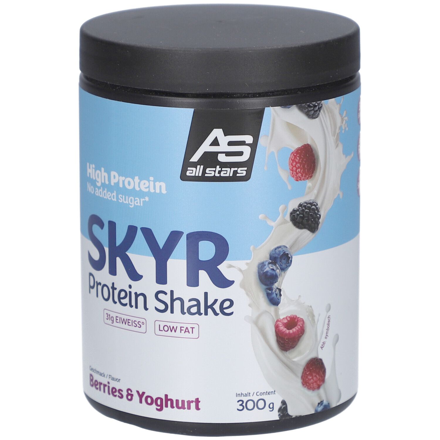 Dose SKYR Protein Shake, Beeren & Joghurt. Blaue und weiße Verpackung mit Produktnamen und Logo. Enthält 300g.