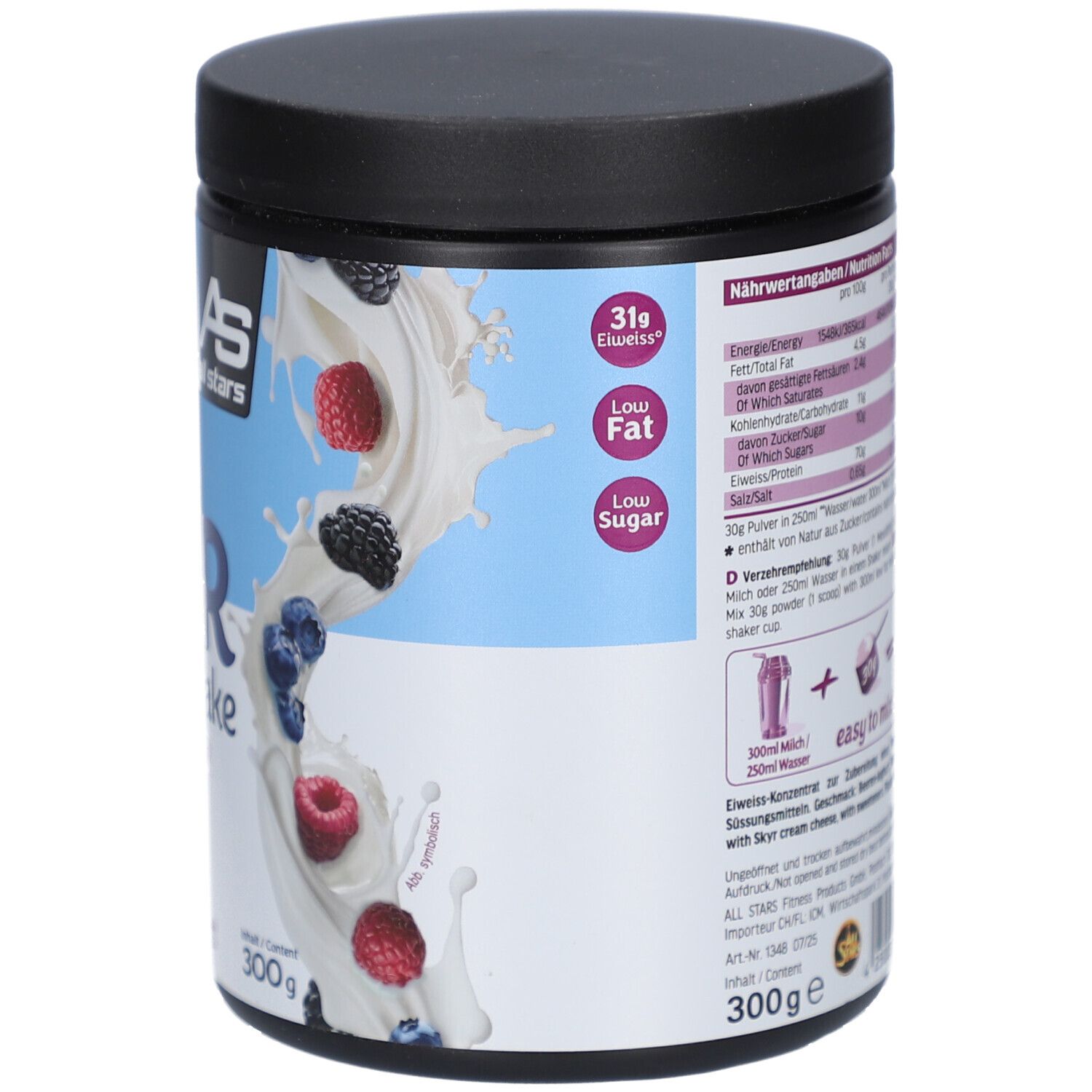 Rückseite der Dose SKYR Protein Shake. Nährwertangaben, Zubereitungshinweise und Logo. Enthält 300g.