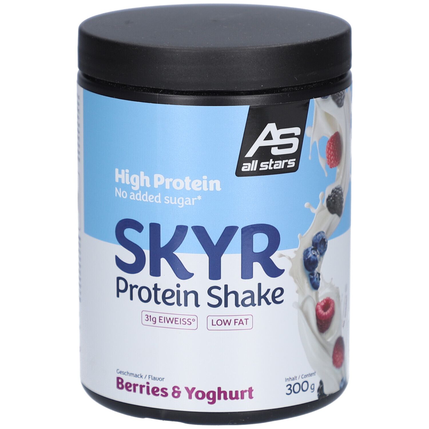 Dose SKYR Protein Shake, Beeren & Joghurt. Blaue und weiße Verpackung mit Produktnamen und Logo. Enthält 300g.