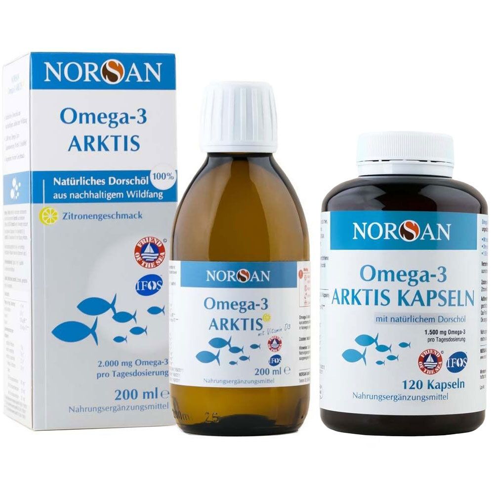 Drei Produkte: Karton, Flasche und Kapselbehälter. Aufschrift: NORSAN Omega-3 ARKTIS. Zertifizierung: IFOS.