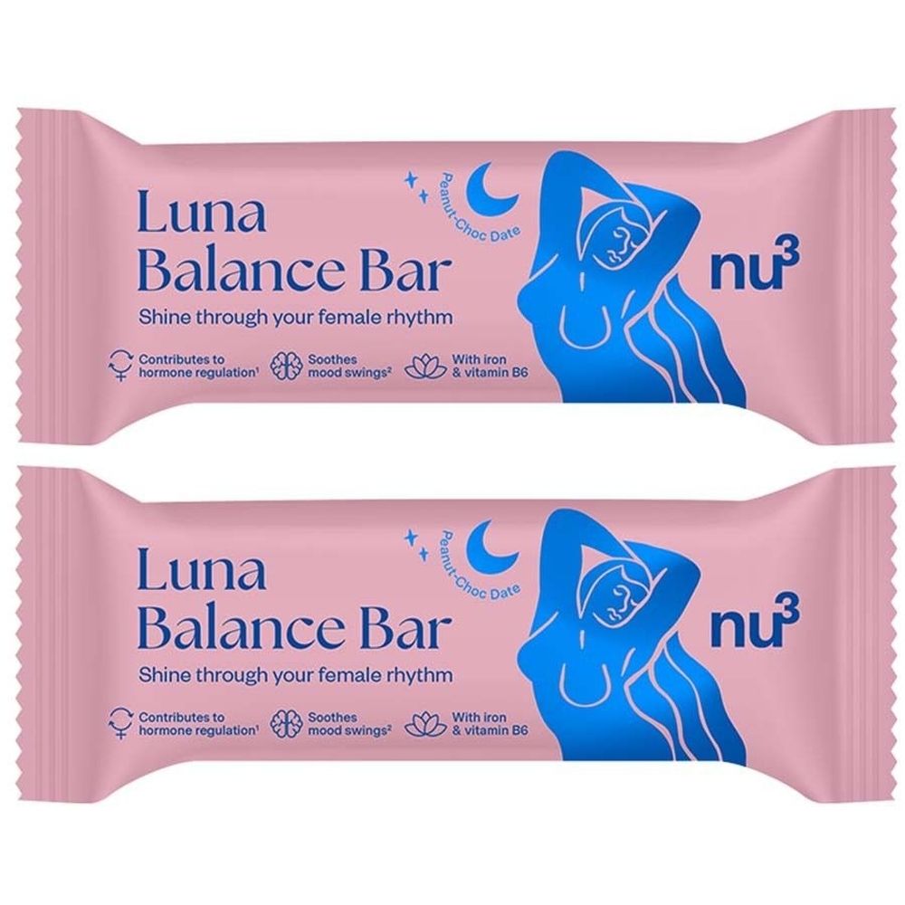 Zwei rosa Riegel mit der Aufschrift "Luna Balance Bar". Aufdrucke: Mond, Frau, nu3-Logo. Text: "Shine through your female rhythm".