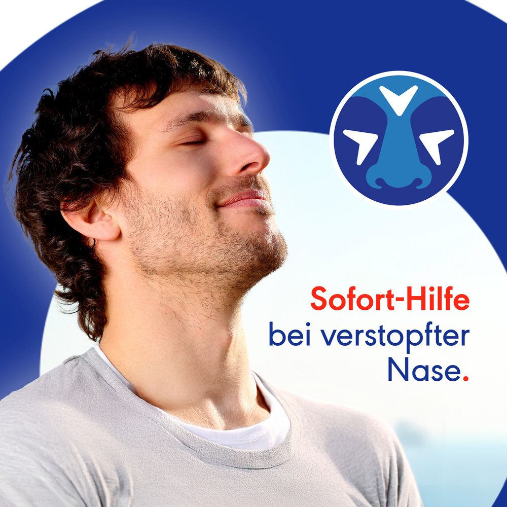 Mann mit geschlossenen Augen. Text: Sofort-Hilfe bei verstopfter Nase. Blaues Logo mit Nase.