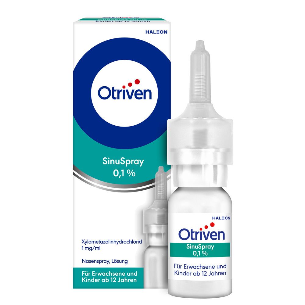 Otriven SinuSpray 0,1 % Nasenspray und Flasche. Weiße Flasche mit braunem Glasbehälter. Verpackung mit Logo.