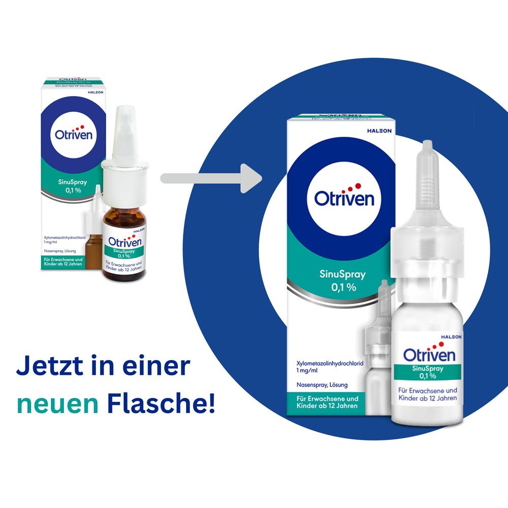 Vergleich der alten und neuen Flasche Otriven SinuSpray 0,1 %. Weiße Flasche mit braunem Glasbehälter.