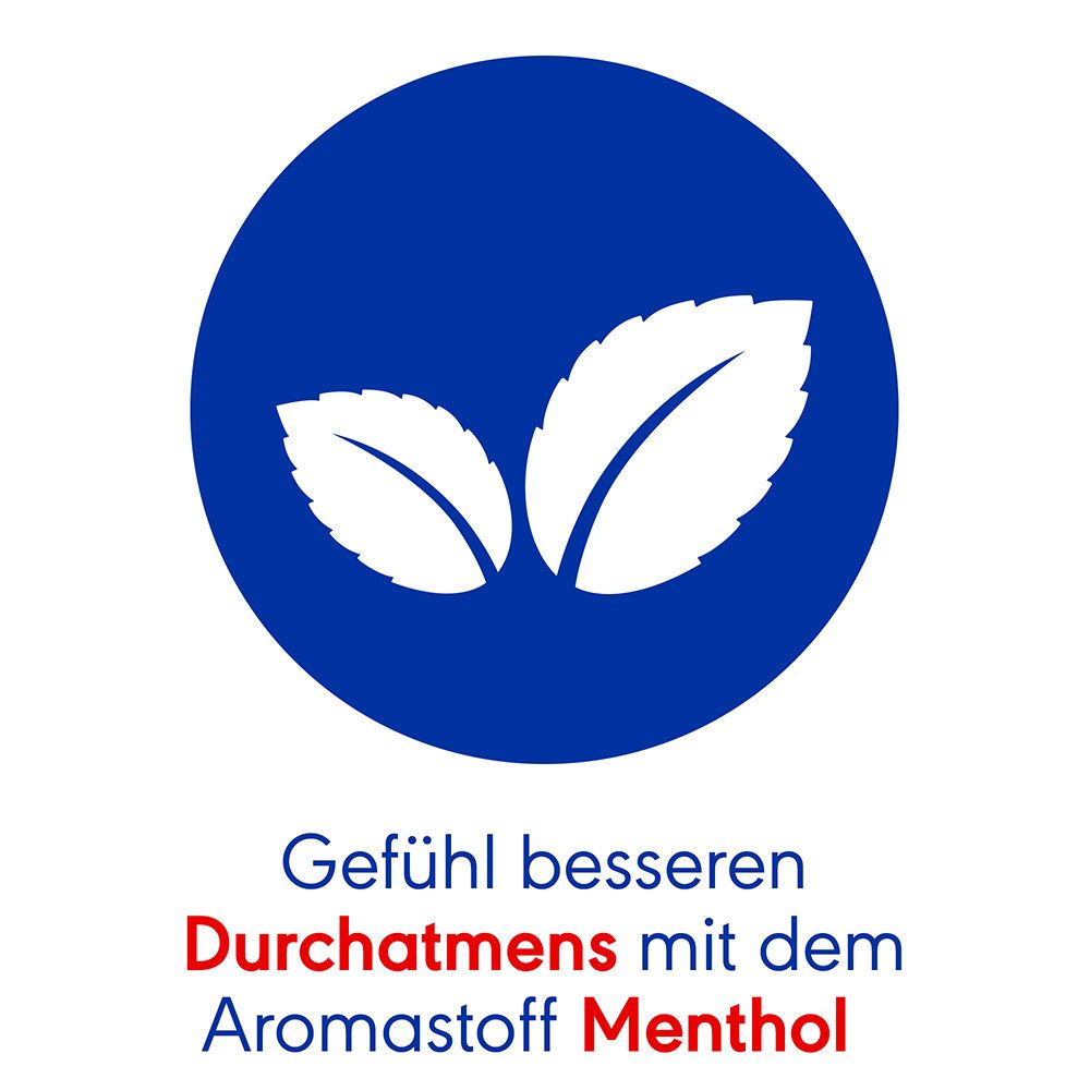 Blauer Kreis mit zwei Blättern. Text: Gefühl besseren Durchatmens mit dem Aromastoff Menthol.
