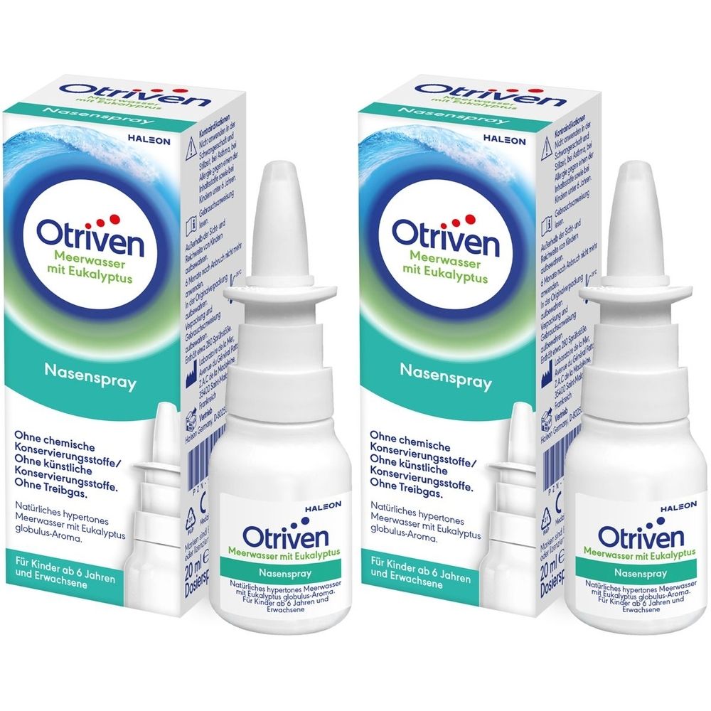Zwei Flaschen und zwei Kartons Nasenspray. Aufschrift: Otriven Meerwasser mit Eukalyptus. Ohne Konservierungsstoffe. Für Kinder ab 6 Jahren.