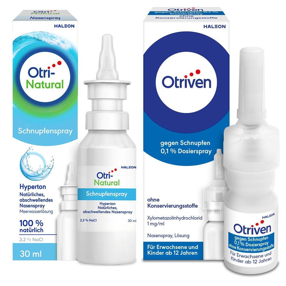 Drei Nasensprays und zwei Verpackungen. Otri-Natural und Otriven. Aufschrift: gegen Schnupfen, 0,1 % Dosierspray. Ohne Konservierungsstoffe.