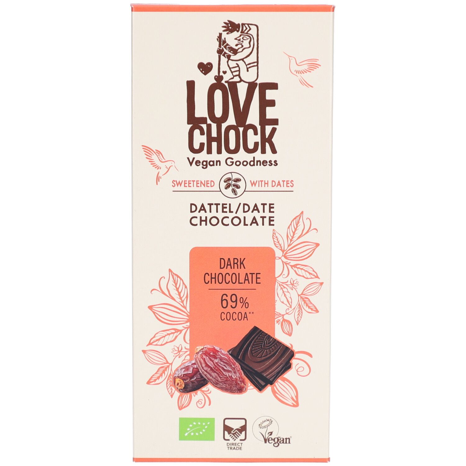 Schachtel Lovechock Dark Chocolate. Aufdruck: Logo, „Vegan Goodness“, „Dattel/Date Chocolate“, 69% Kakao. Bio-Siegel.