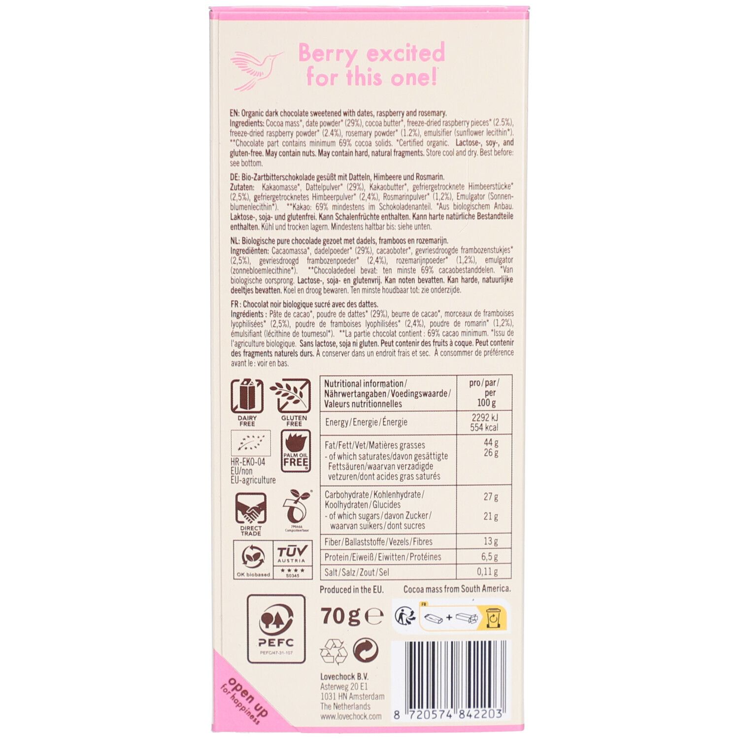 Rückseite der Schokoladenverpackung mit Text, Nährwertangaben und Logos. Enthält Bio- und Vegan-Zertifizierungen.