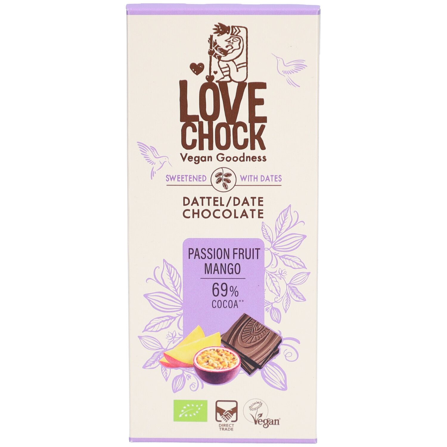 Schokoladenverpackung mit Logo und Produktbezeichnung. Enthält 69% Kakao. Mit Bio-Siegel und Vegan-Logo. Abgebildet sind Passionsfrucht und Mango.