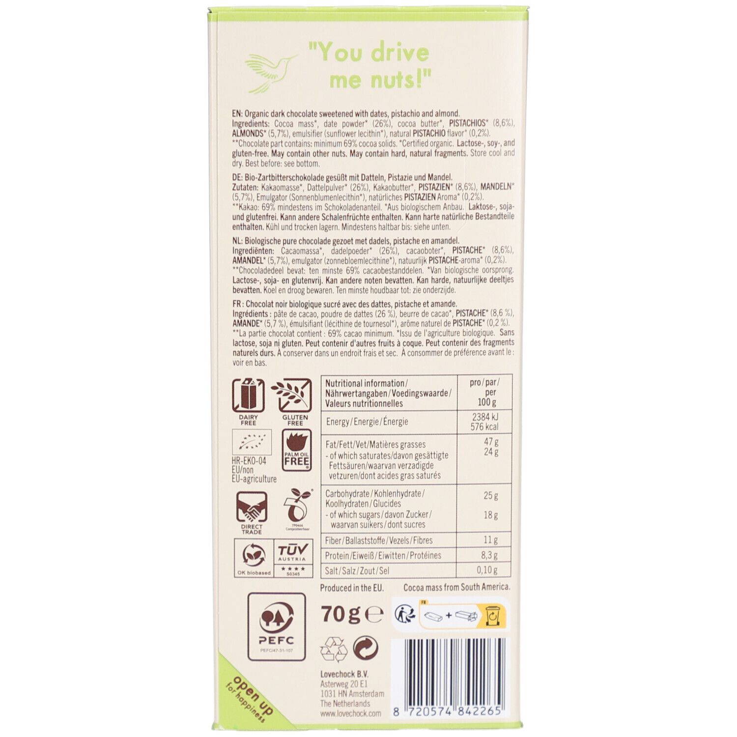 Rückseite der Schokoladenverpackung. Text mit Zutaten, Nährwertangaben und Zertifizierungen. 70g. PEFC-Siegel.