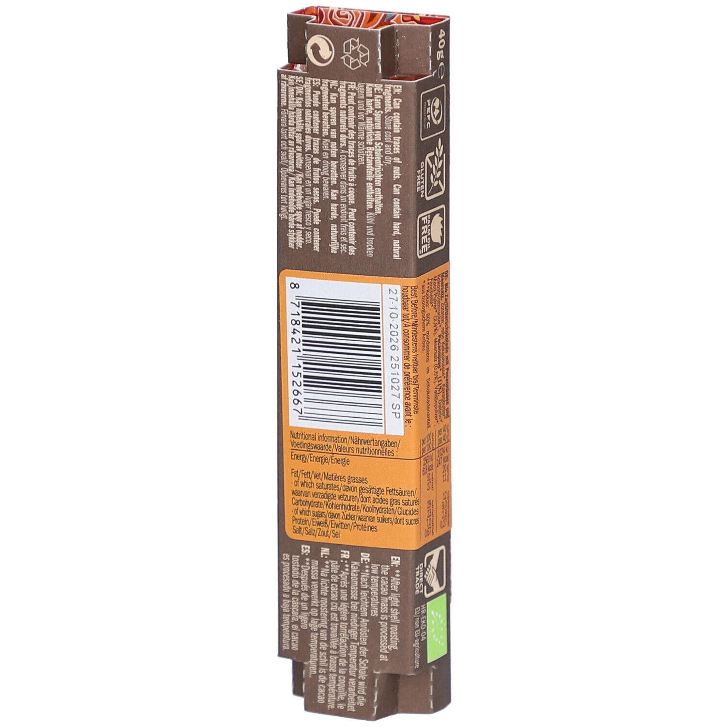 Rückseite der Schokoladenverpackung. Enthält Informationen zu Inhaltsstoffen, Nährwerten und Barcode. Mit Bio-Siegel.