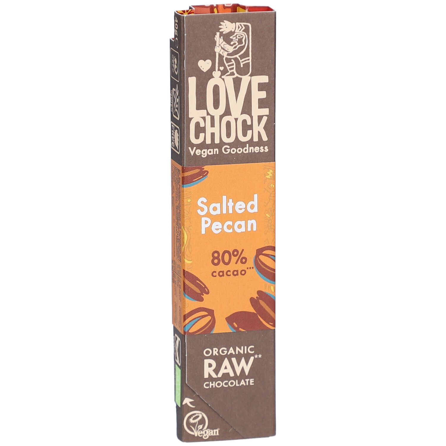 Schokoladenverpackung mit Logo und Produktbezeichnung. Enthält "Salted Pecan", "80% cacao" und "Organic Raw Chocolate". Vegan.