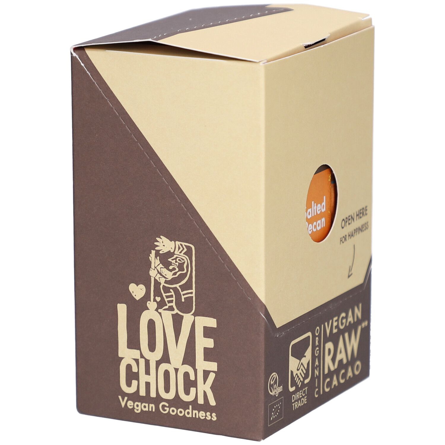 Kartonverpackung mit Aufdrucken. Sichtbar: "Lovechock", "Vegan Raw Cacao". Direkt-Handel-Siegel. Schräge braune Fläche.