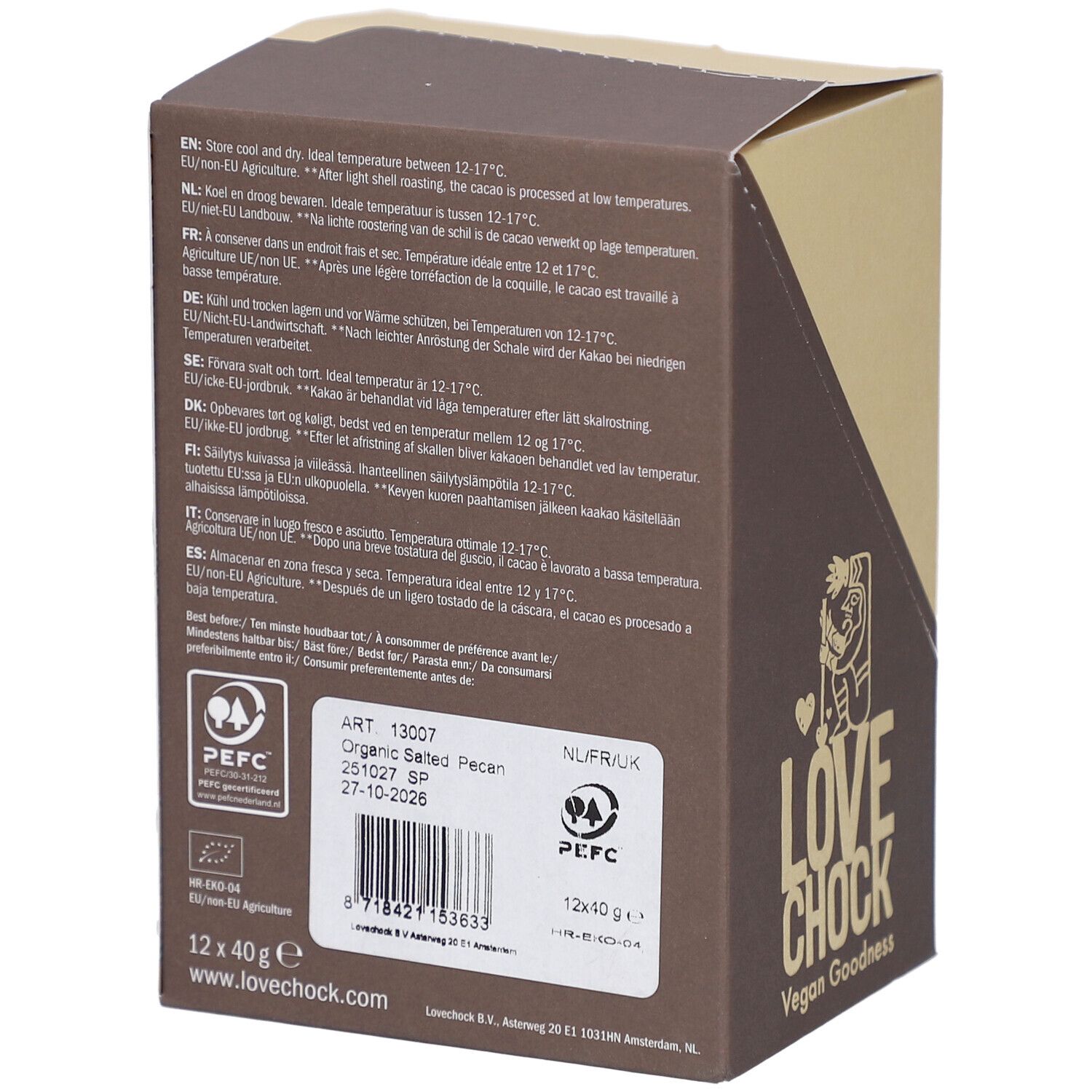 Rückseite der Kartonverpackung. Text in mehreren Sprachen. Sichtbar: "Organic Salted Pecan", "12 x 40g", PEFC-Siegel.