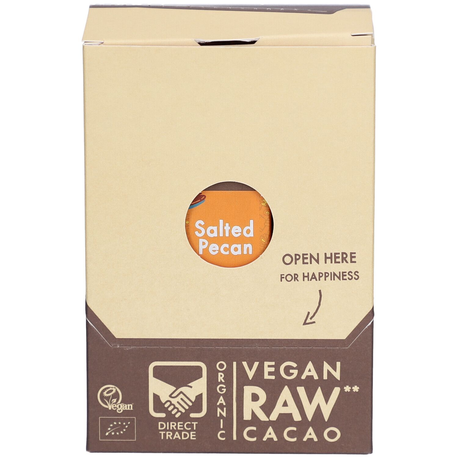 Kartonverpackung mit Aufdrucken. Sichtbar: "Salted Pecan", "Vegan Raw Cacao", "Lovechock". Direkt-Handel-Siegel.