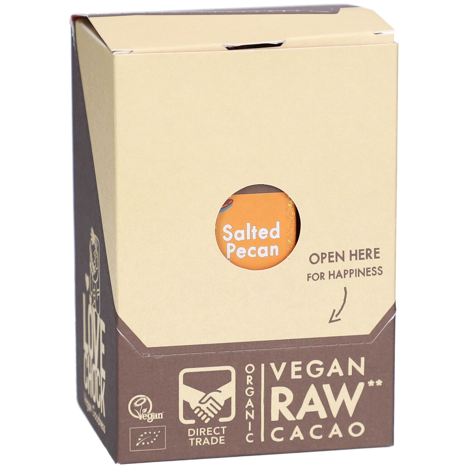 Kartonverpackung mit Aufdrucken. Sichtbar: "Salted Pecan", "Vegan Raw Cacao", "Lovechock". Direkt-Handel-Siegel.