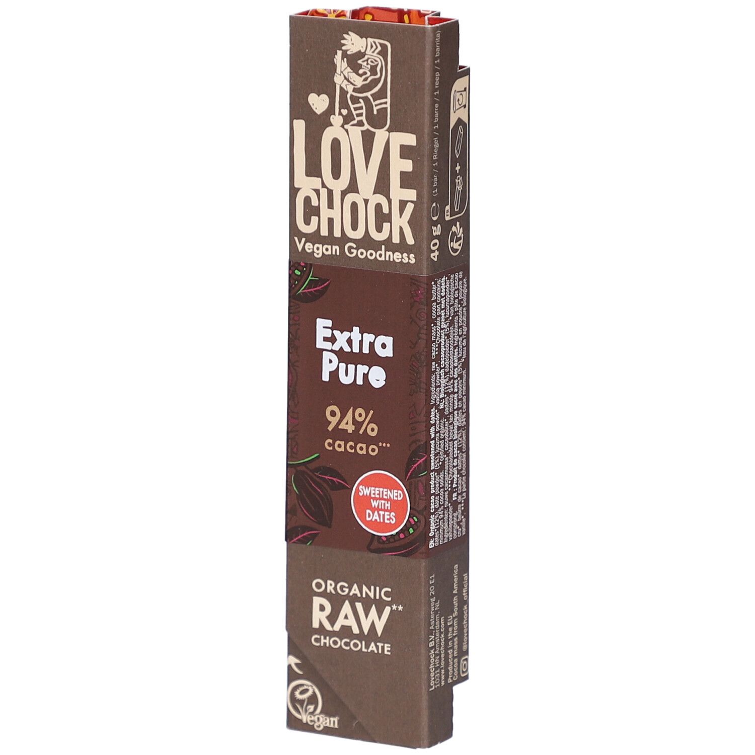 Schokoladenverpackung mit Aufschrift LOVECHOCK, Extra Pure 94% Kakao. Vegan, Rohschokolade, gesüßt mit Datteln. 40g.