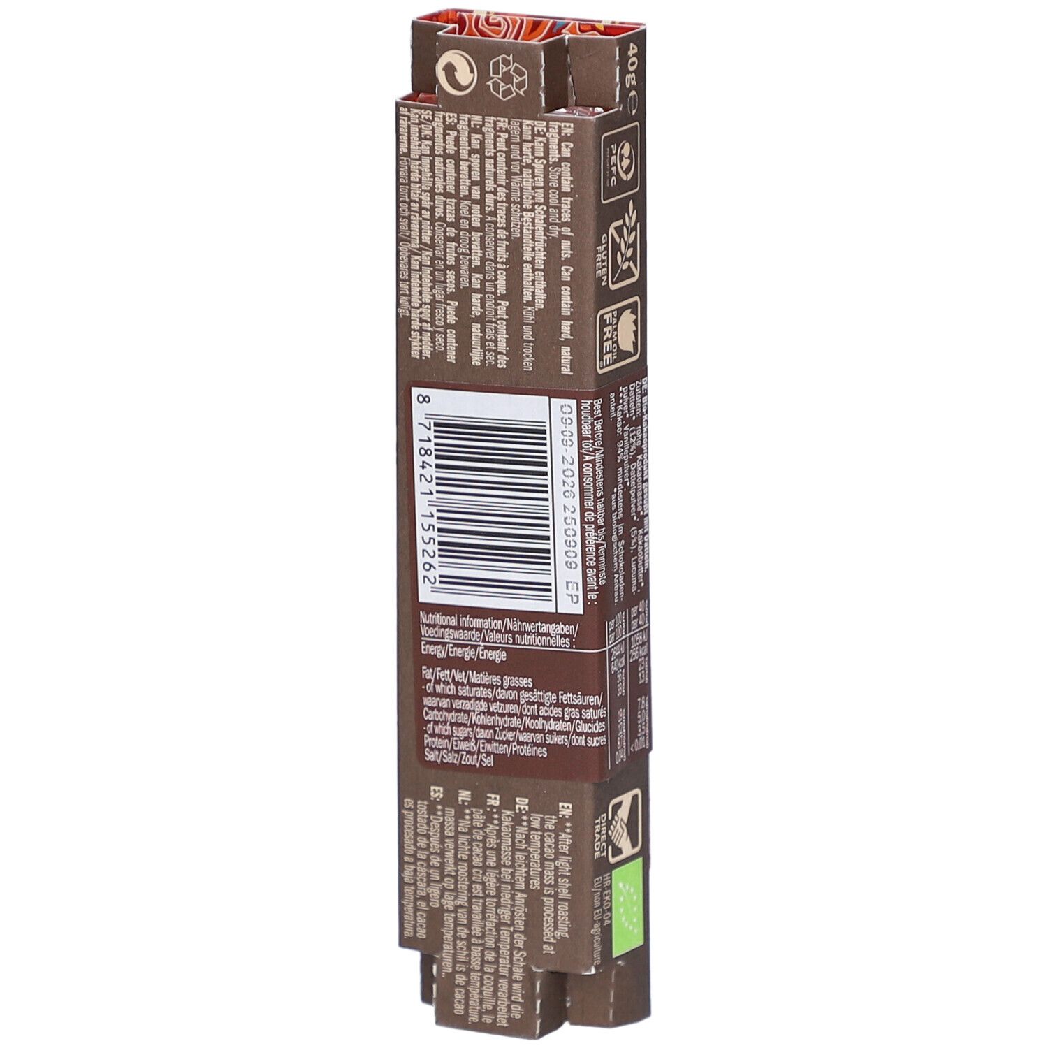 Rückseite der Schokoladenverpackung. Barcode, Nährwertangaben, Inhaltsstoffe, Herstellerinformationen und Zertifizierungen.
