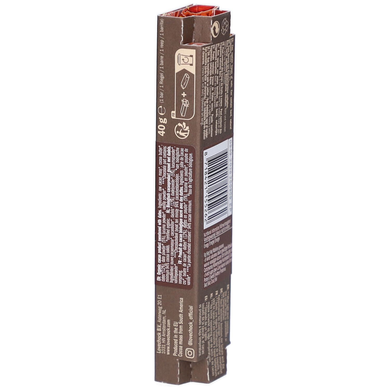 Schokoladenverpackung, Seitenansicht. 40g, Herstellerinformationen, Inhaltsstoffe, Logos und Zertifizierungen.