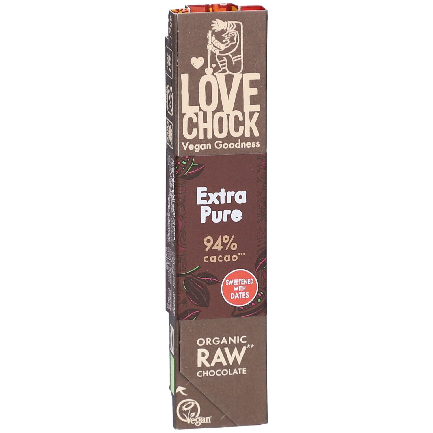 Schokoladenverpackung LOVECHOCK, Extra Pure 94% Kakao. Vegan, Rohschokolade, gesüßt mit Datteln. 40g.