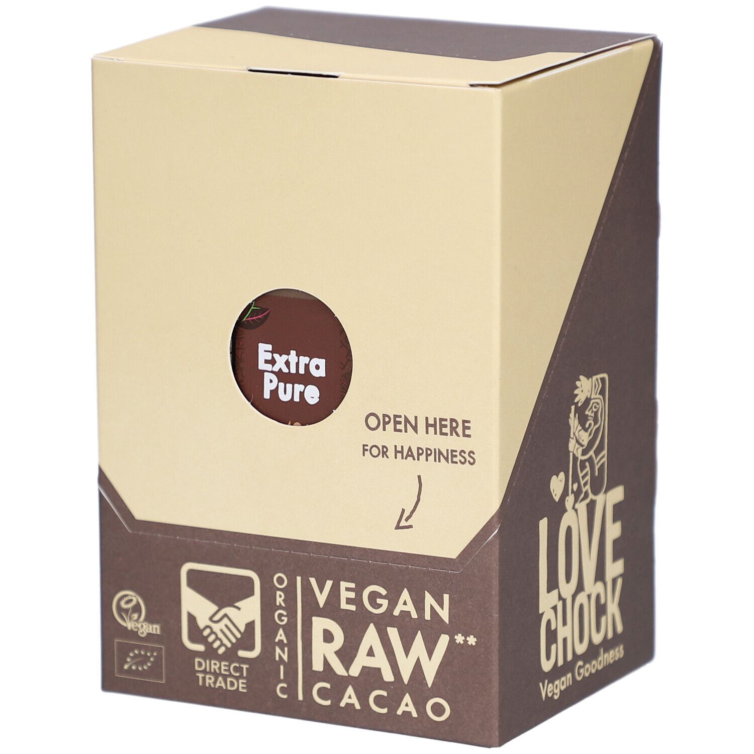 Kartonverpackung mit Aufschrift "Extra Pure" und "Vegan Raw Cacao". Enthält das Logo von Lovechock und Direct Trade.