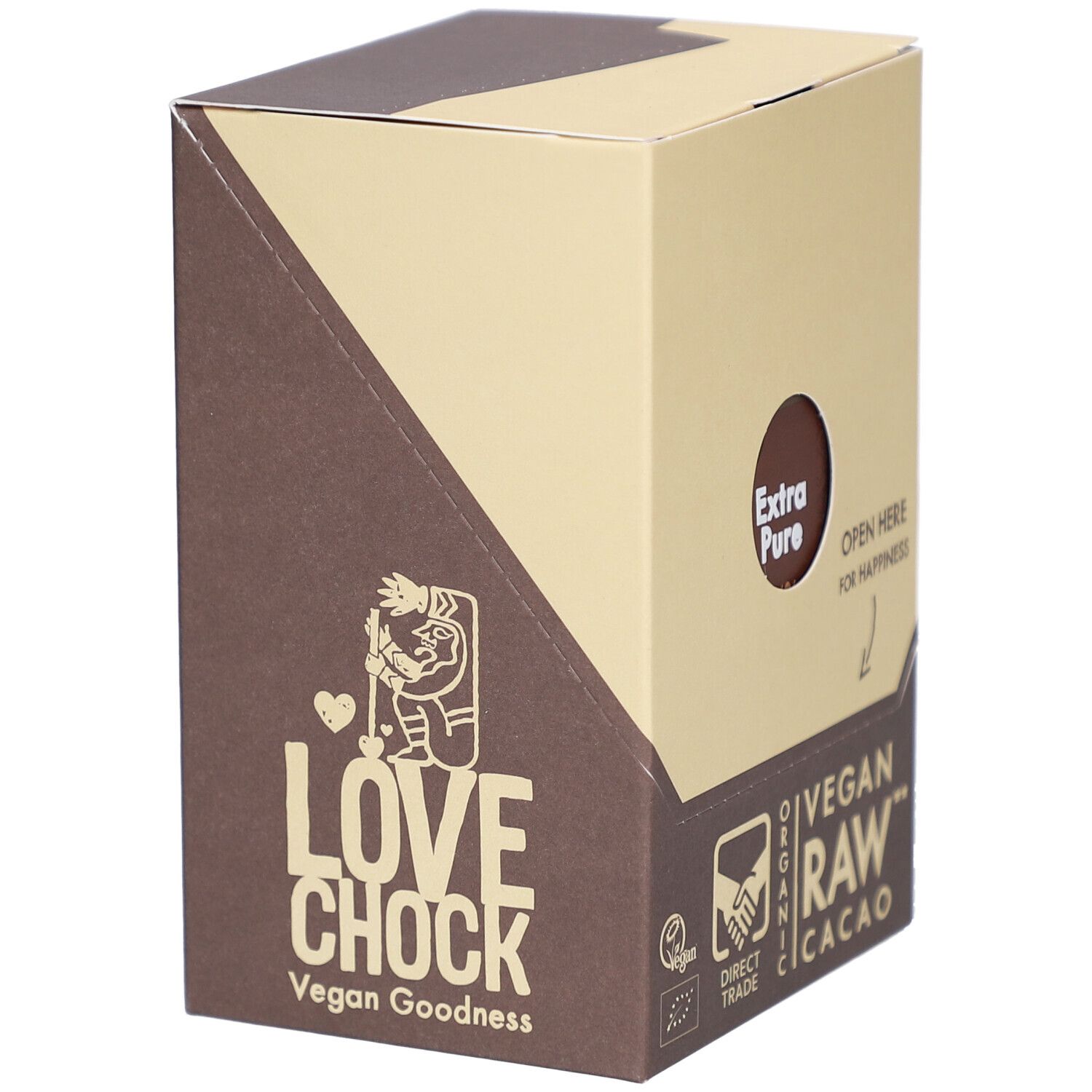 Kartonverpackung, diagonal geteilt. Logo Lovechock und Text "Vegan Goodness" sichtbar. Aufschrift "Extra Pure".