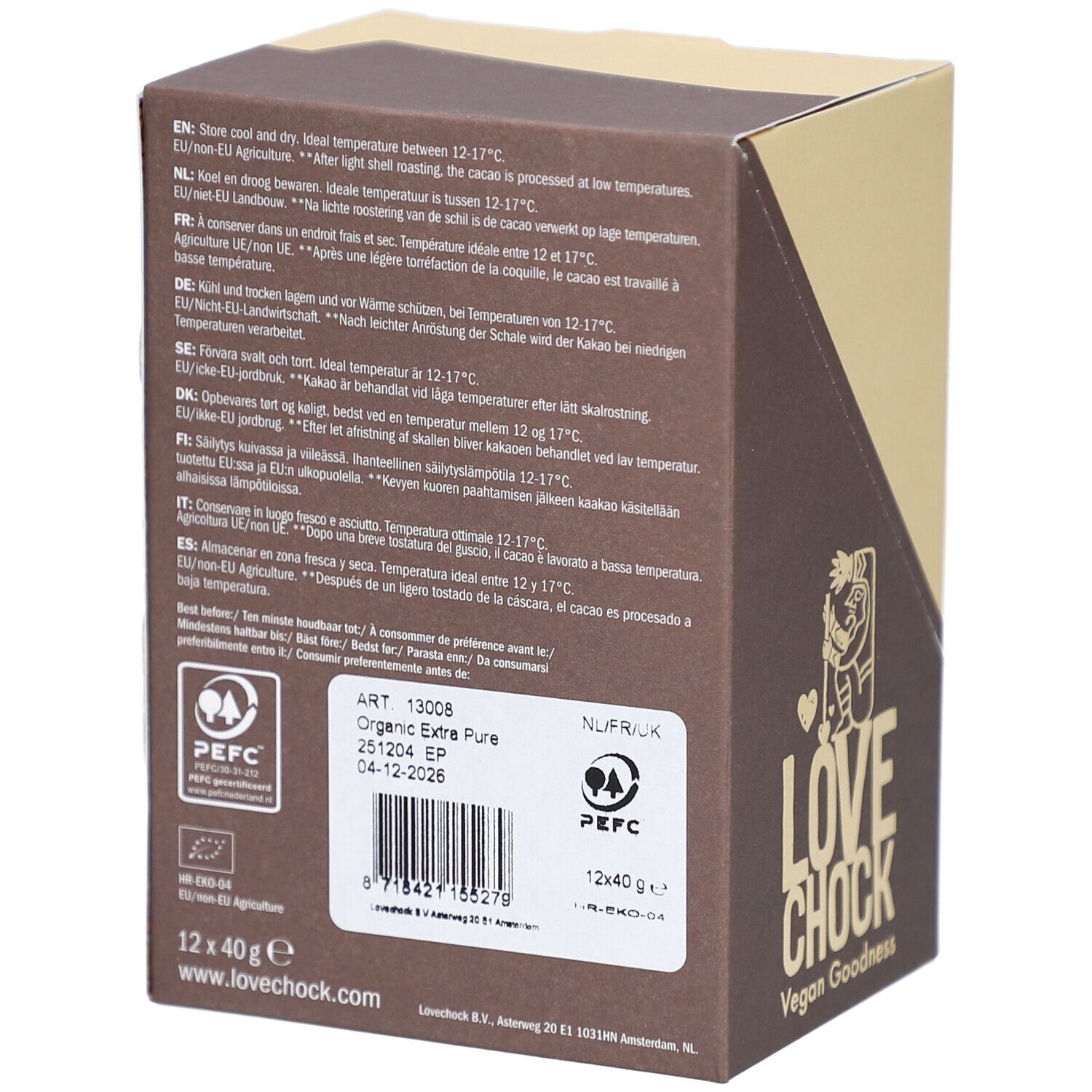 Rückseite der Kartonverpackung. Text in mehreren Sprachen. Angaben zu Inhaltsstoffen und Haltbarkeit. PEFC-Siegel.