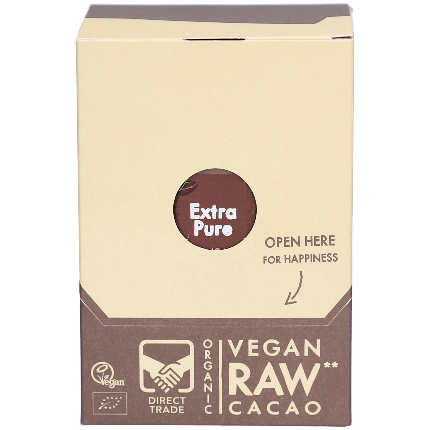 Kartonverpackung mit Aufschrift "Extra Pure" und "Vegan Raw Cacao". Pfeil mit Text "Open Here for Happiness".