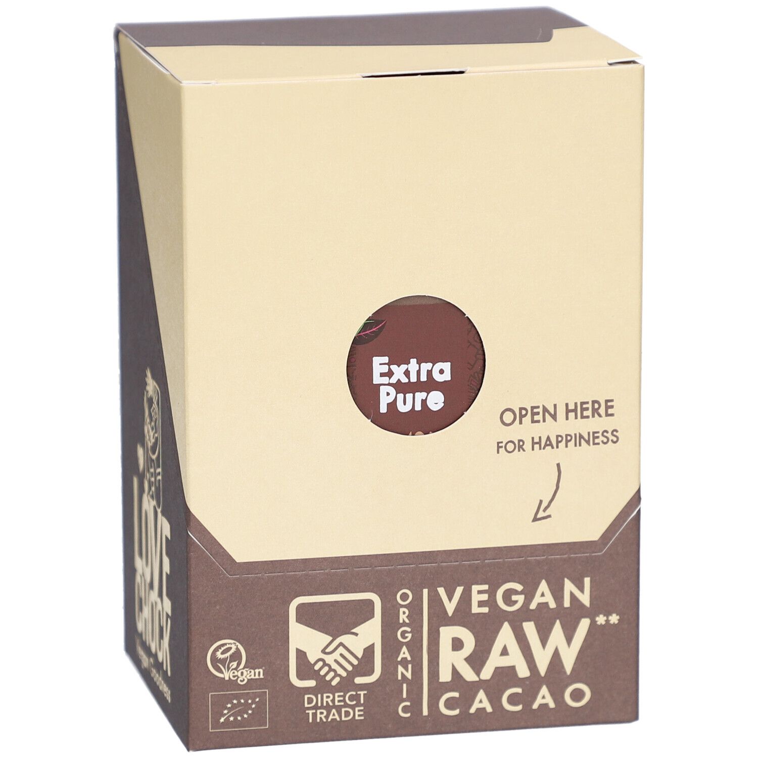 Kartonverpackung mit Aufschrift "Extra Pure" und "Vegan Raw Cacao". Pfeil mit Text "Open Here for Happiness".
