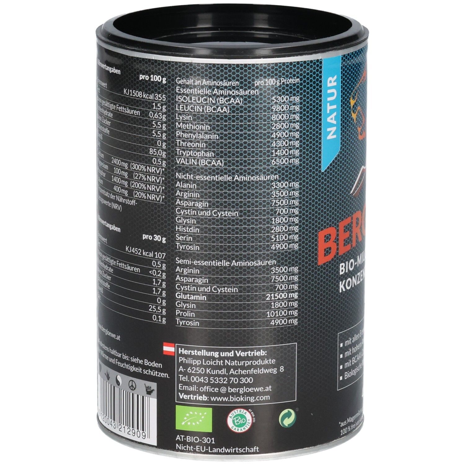 Dose mit Nährwertangaben und Aminosäuren. Text: pro 100g, pro 30g. Logo: Bio. Text: Herstell. u. Vertrieb: Philipp Leicht Naturprodukte.