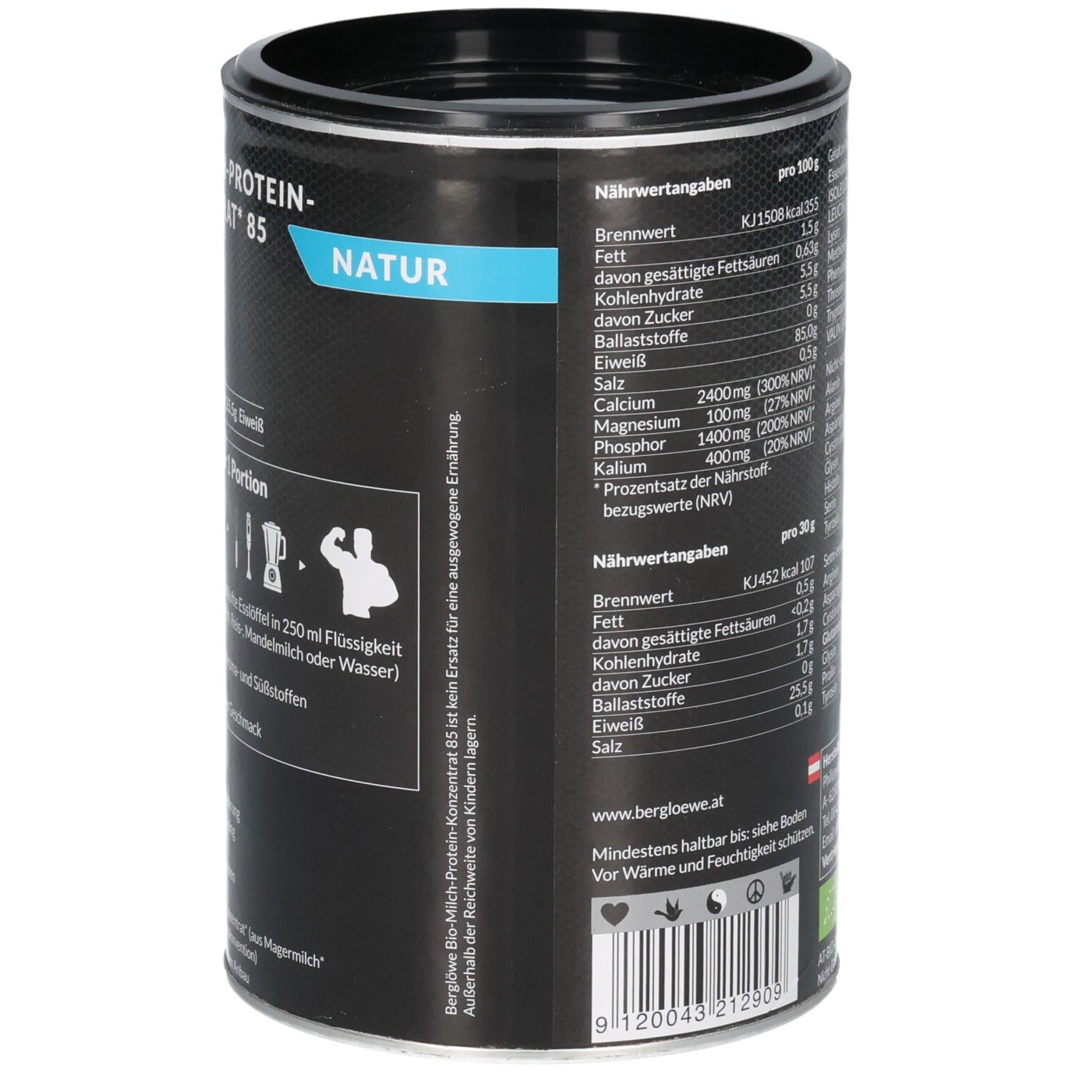 Dose mit Nährwertangaben. Text: pro 100g, pro 30g. Text: www.bergloewe.at. Bio-Siegel. Mindestens haltbar bis: siehe Boden.