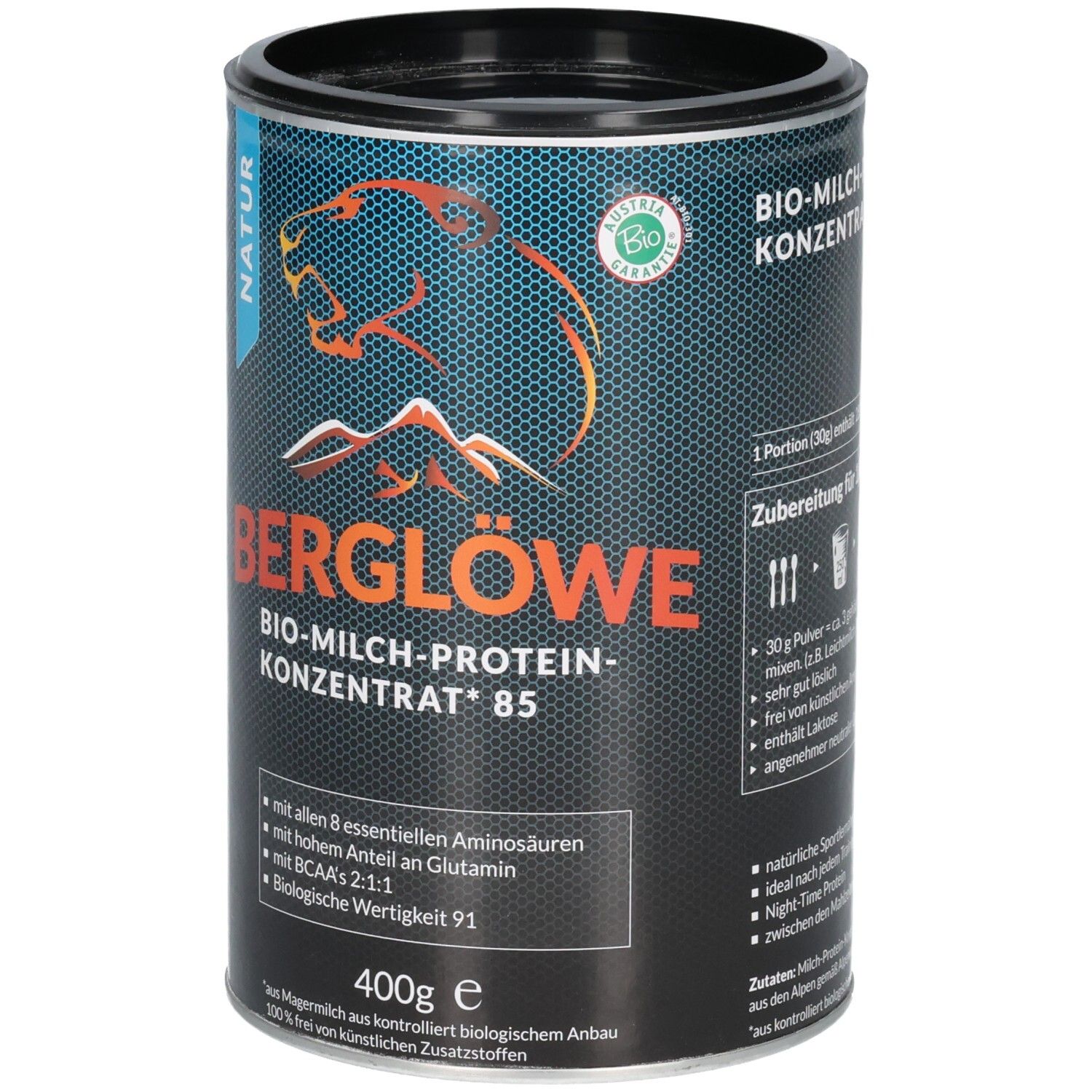 Dose mit Produktaufdruck. Text: BERGLÖWE, BIO-Milch-Protein-Konzentrat 85, Natur. Logo: Berg mit Löwe. 400g. Bio-Siegel.