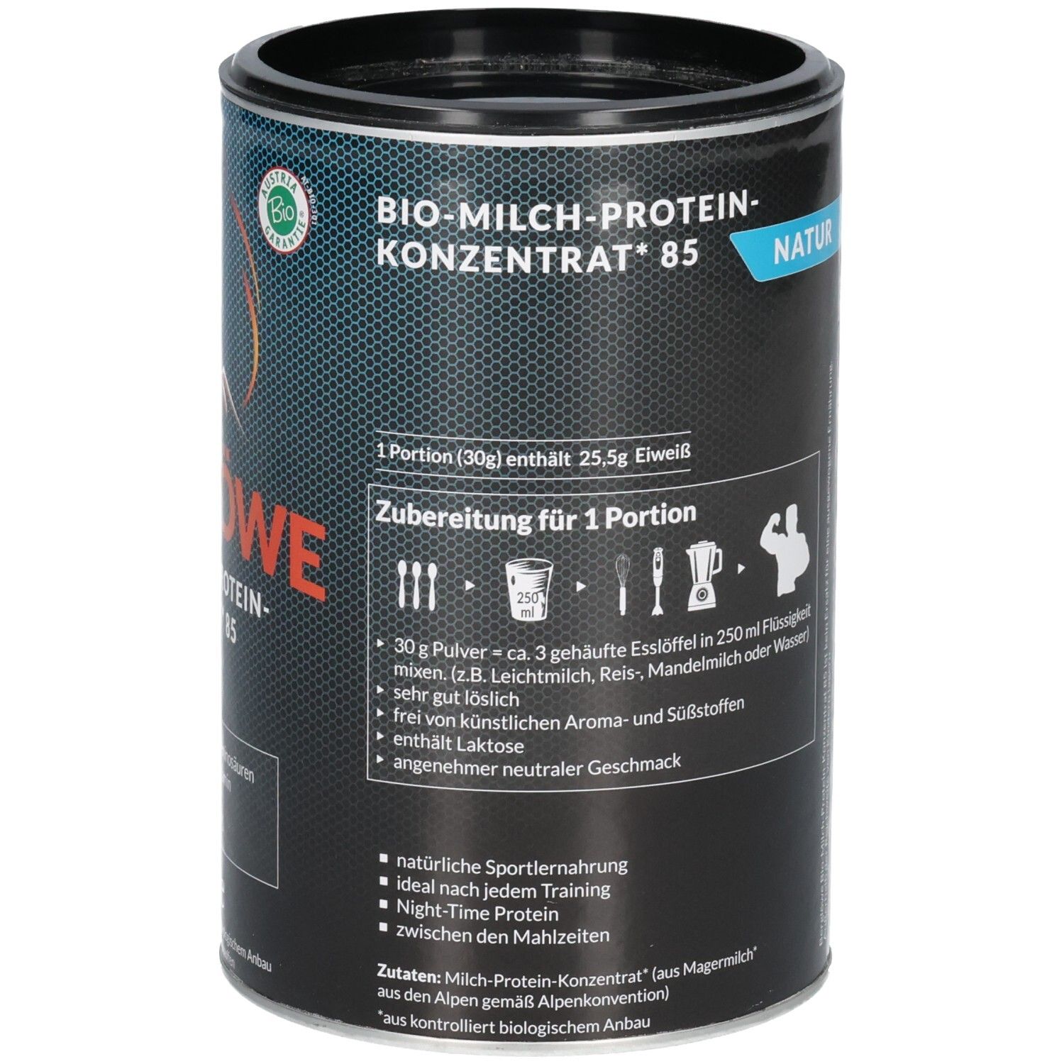 Dose mit Produktaufdruck. Text: BERGLÖWE, BIO-Milch-Protein-Konzentrat 85, Natur. Zubereitung für 1 Portion. 30g Pulver in 250ml Flüssigkeit.