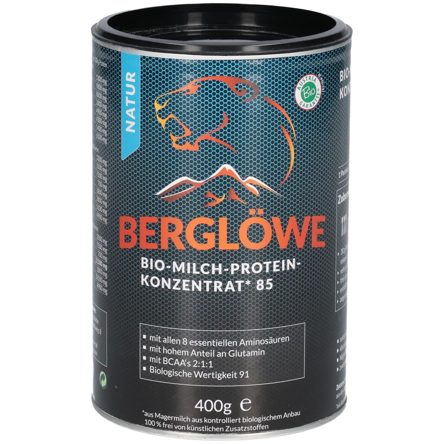 Dose mit Produktaufdruck. Text: BERGLÖWE, BIO-Milch-Protein-Konzentrat 85, Natur. Logo: Berg mit Löwe. 400g. Bio-Siegel.