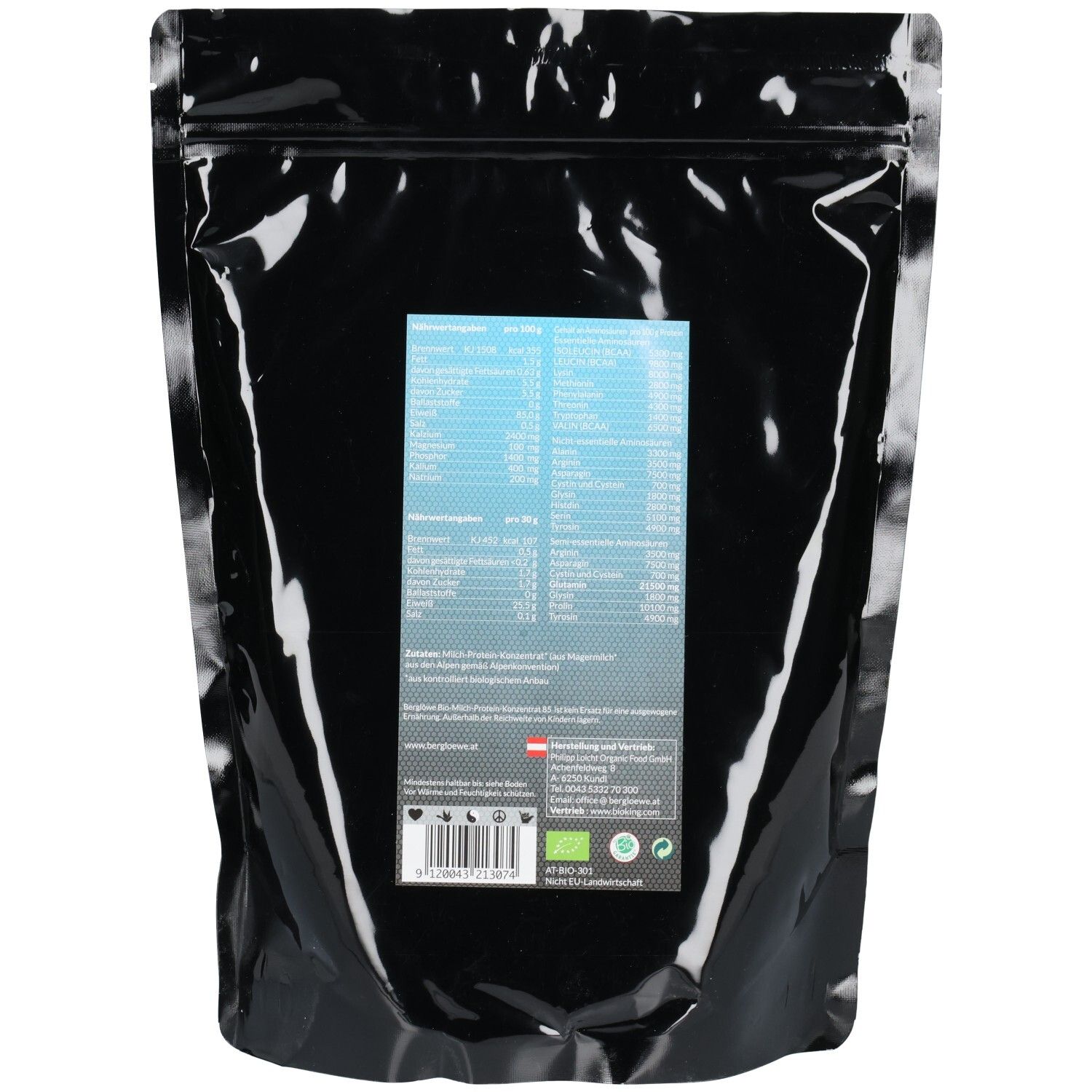 Rückseite der schwarzen Verpackung. Etikett mit Nährwertangaben und Bio-Siegel.