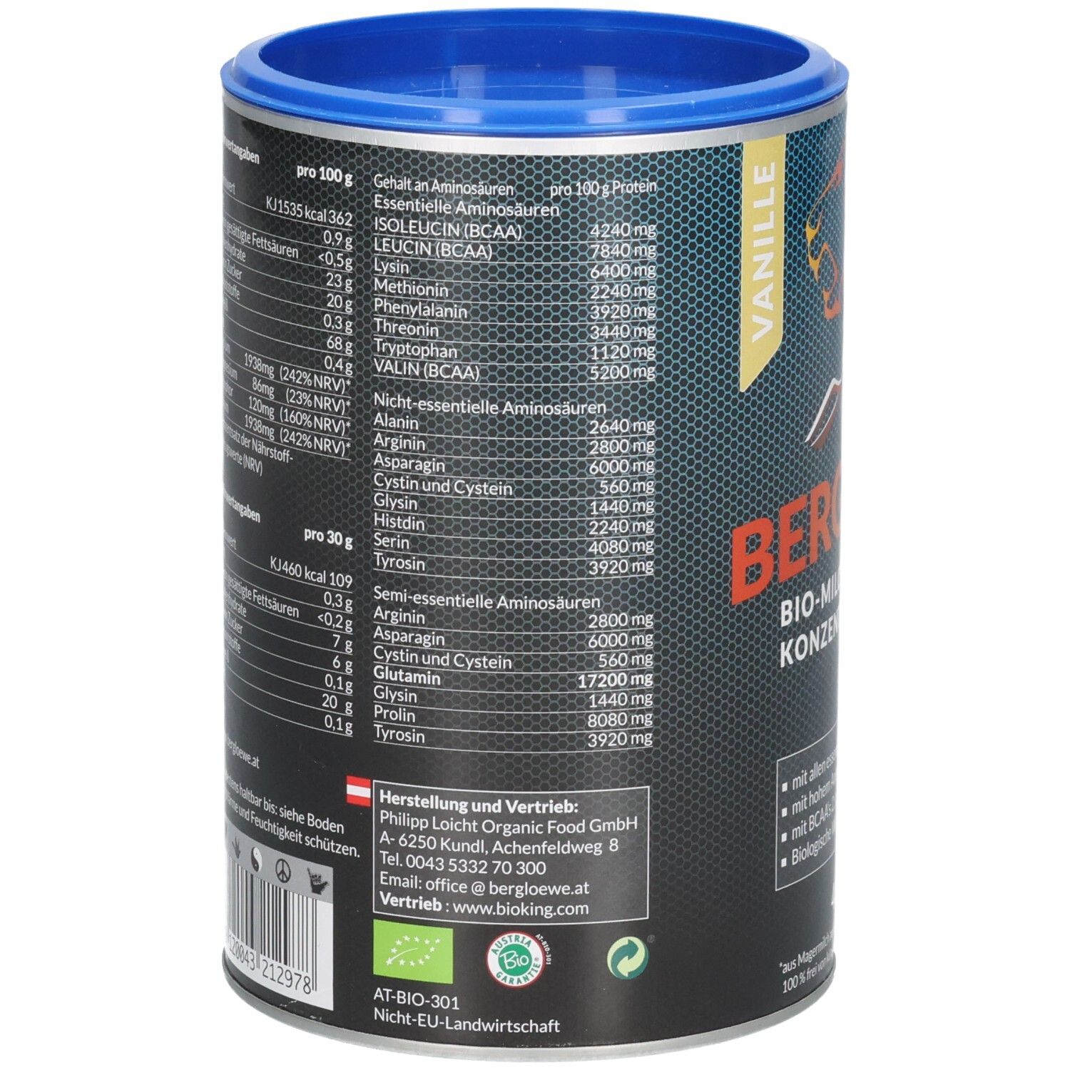 Rückseite der BERGLÖWE Dose mit detaillierter Nährwerttabelle und Aminosäureprofil.