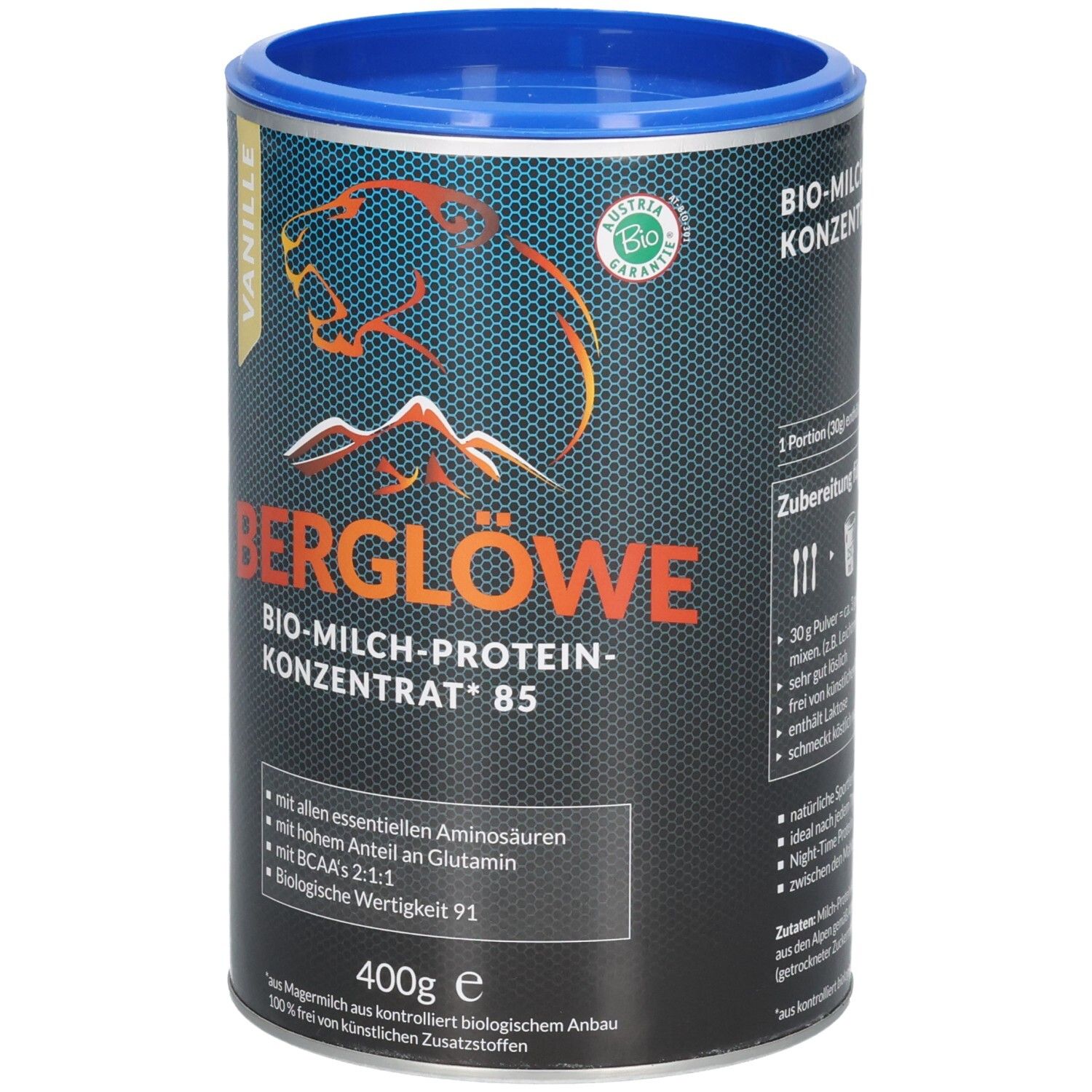 Vorderseite der BERGLÖWE Dose mit Bio-Siegel und Hinweis auf Vanillegeschmack.