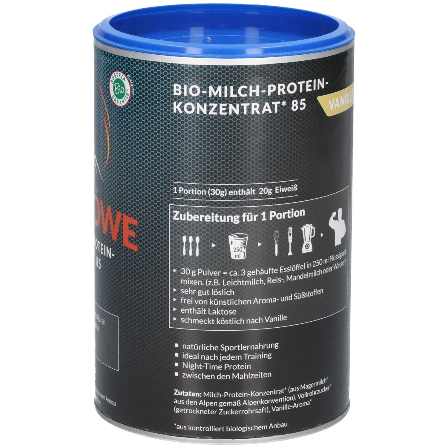 BERGLÖWE Protein Pulver Dose mit Zubereitungshinweisen und Zutatenliste.