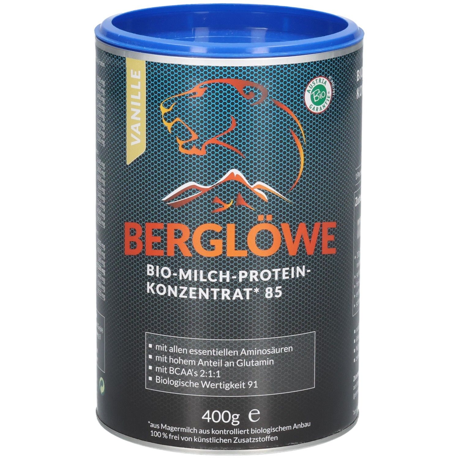 BERGLÖWE Bio-Milch-Protein-Konzentrat 85 Dose, Vanille, 400g, mit Zubereitungshinweisen.