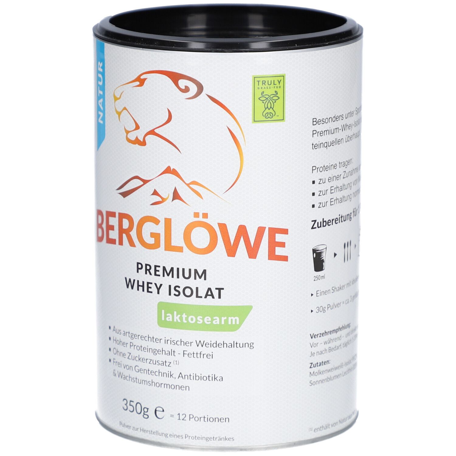Dose Berglöwe Premium Whey Isolat, laktosearm. Logo mit Bär. 350g, 12 Portionen. Zubereitungshinweis.
