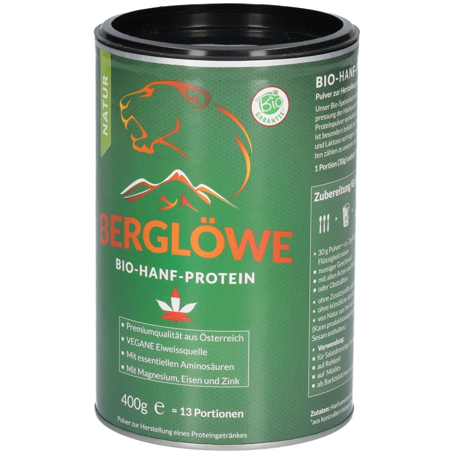 Grüne Dose mit "Berglöwe Bio-Hanfprotein Natur". Logo: Löwe und Berge. Text: 400g, 13 Portionen. Bio-Siegel.