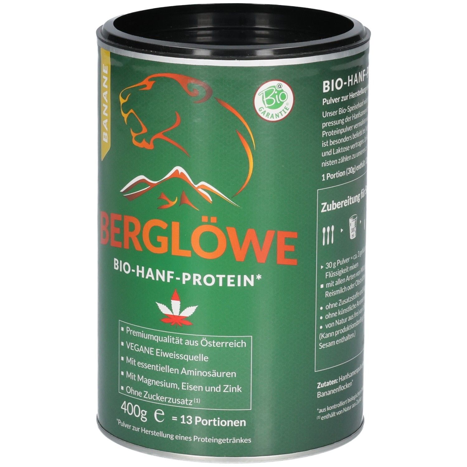 Grüne Dose mit schwarzem Deckel. Aufschrift: BERGLÖWE BIO-HANF-PROTEIN, Banane. Bio-Siegel. 400g, 13 Portionen.